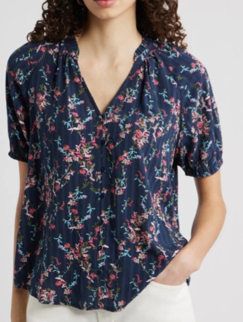 Treasure & Bond Navy Blue Floral Short Sleeve V-Neck Blouse